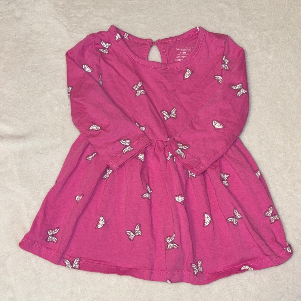 George Bright Pink Butterfly Print Long Sleeve Dress